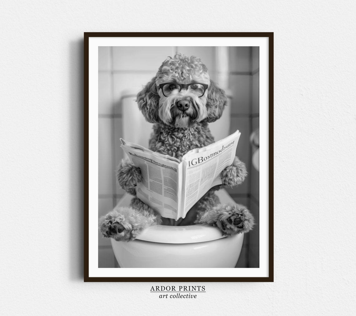 Labradoodle Reading Newspaper On Toilet Funny Bathroom Dog Print