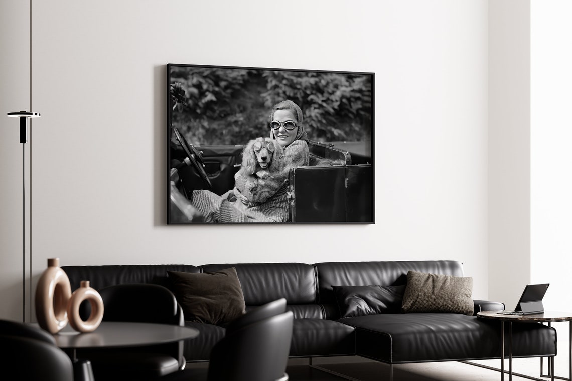 Woman Holding Dachshund Dog Wall Art Vintage Woman Dog Wearing Goggles Black And White Print Doreen Sinclair Old Hollywood Photo - Image 2