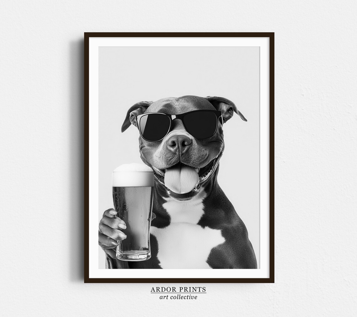 Staffy Bull Terrier Drinking Beer, Funny Dog Poster