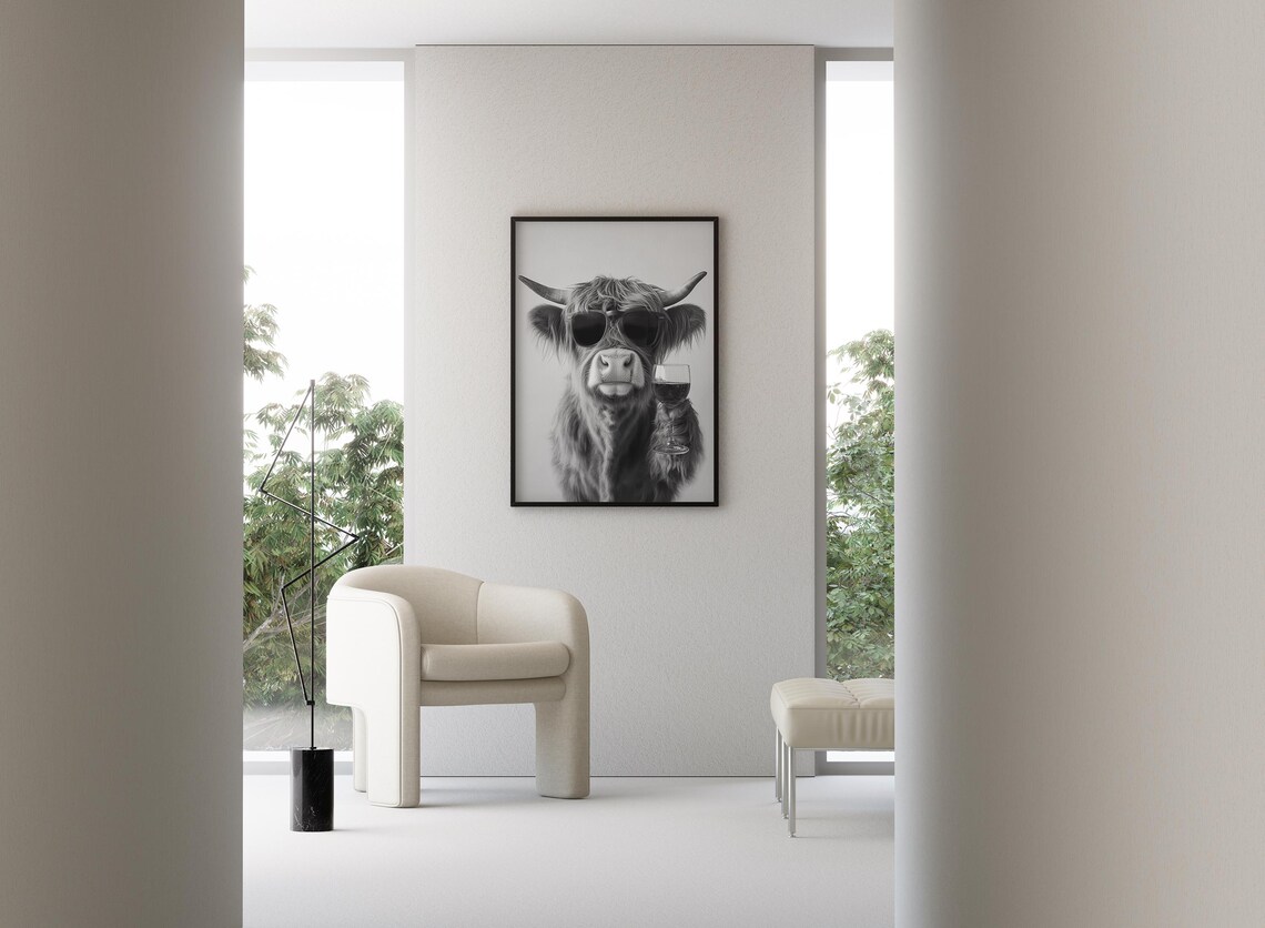 Highland Cow Drinking Wine Art Print, Black And White - Image 2