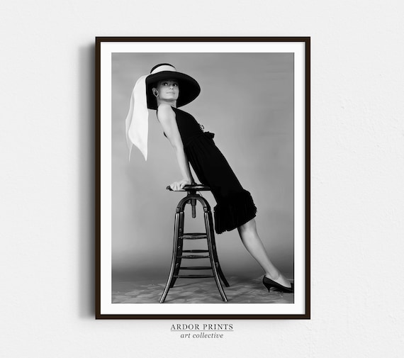 Audrey Hepburn Black Dress Wide Brim Hat Fashion Black White Poster