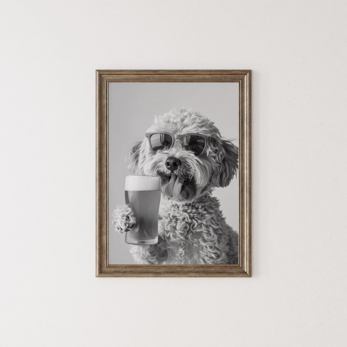 Cockapoo Drinking Beer Black And White Art Print - Image 2