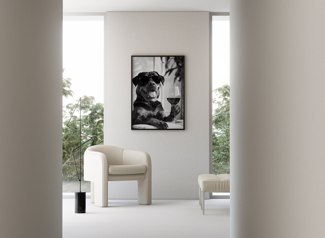 Rottweiler Drinking Wine Black And White Art Print - Image 3