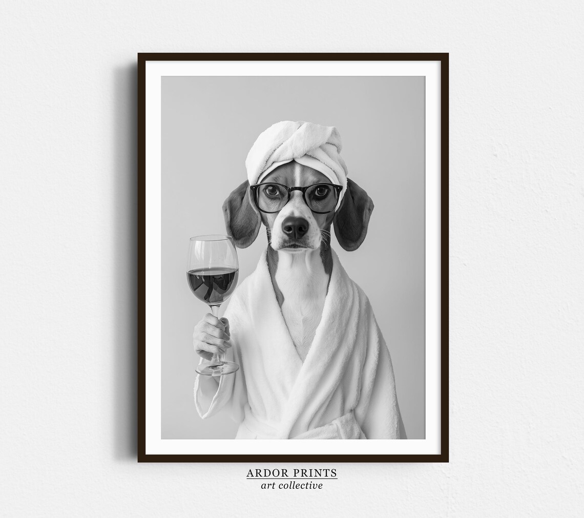 Beagle In Bathrobe Holding Wine Art Print
