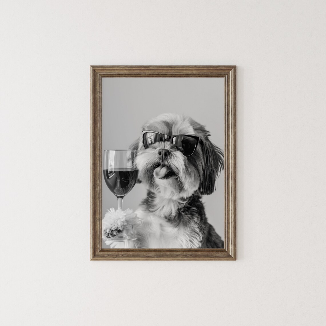 Shih Tzu and Wine Black and White Art Print - Image 2