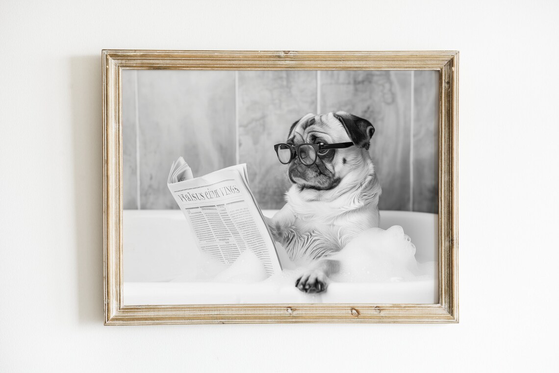 Pug In Bathtub Black And White Funny Bathroom Art Print - Image 3
