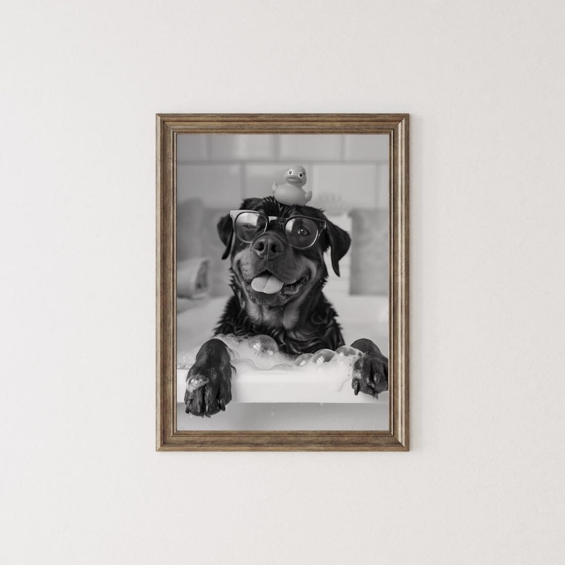 Rottweiler In Bubble Bath With Rubber Duck Funny Bathroom Poster - Image 3