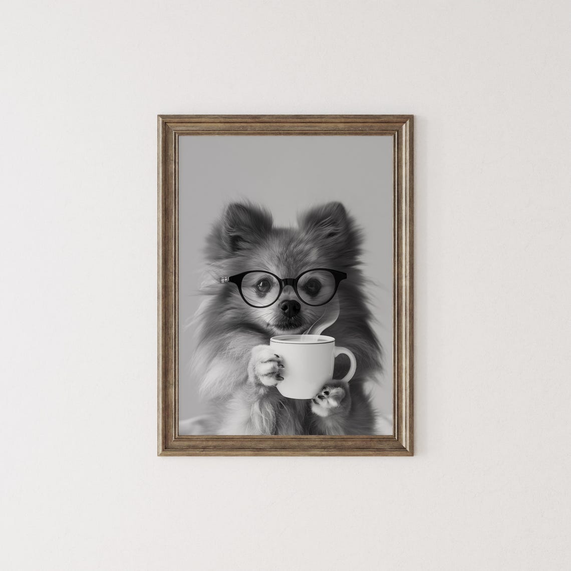 Pomeranian With Glasses Holding Coffee Black and White Poster - Image 2