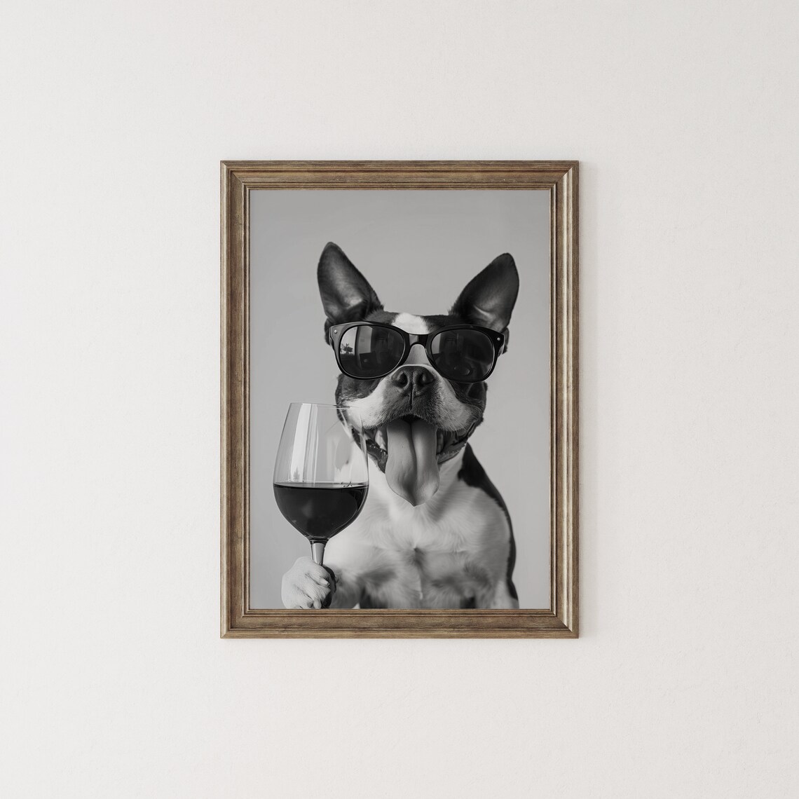 Boston Terrier And Wine Black And White Art Print - Image 2
