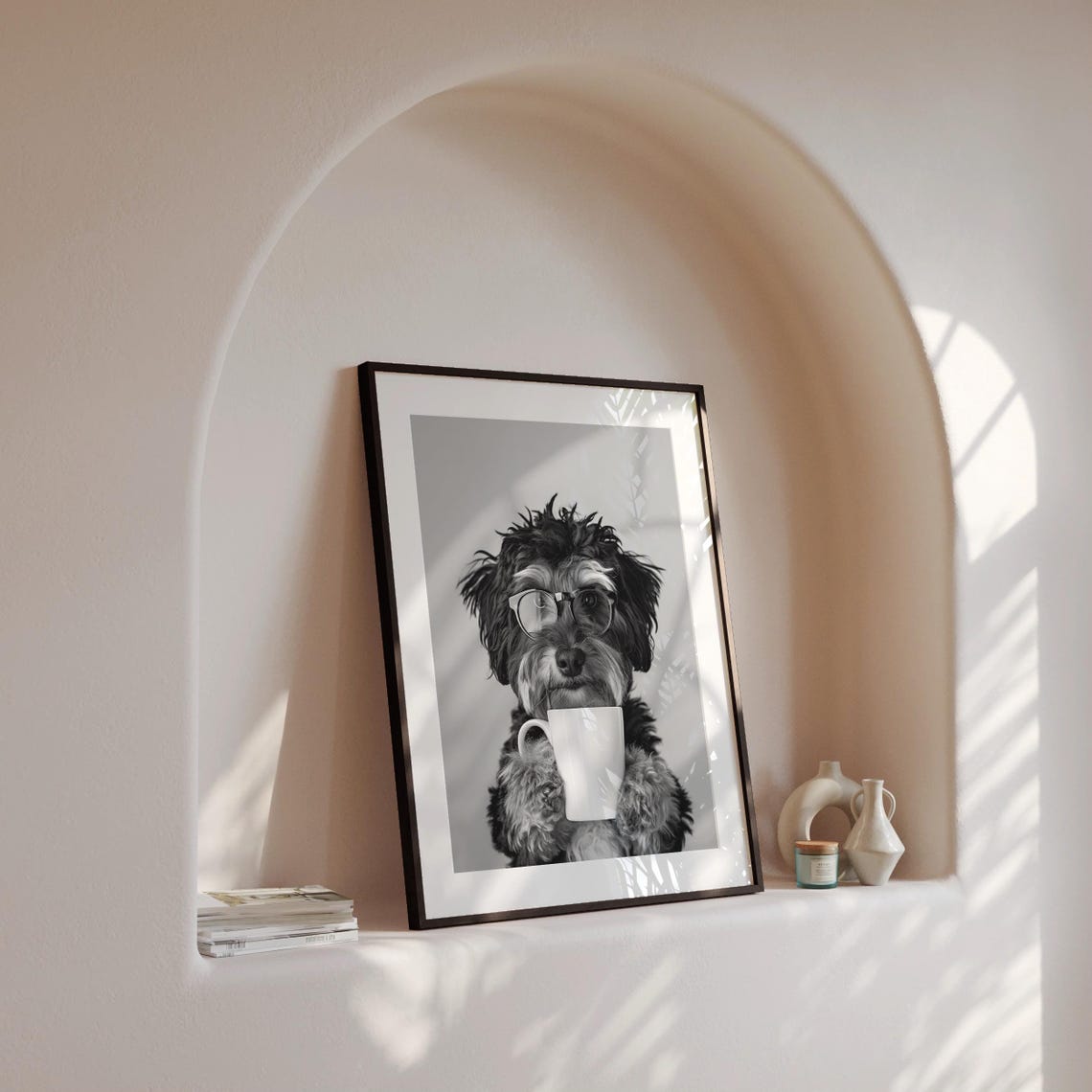 Bernedoodle Wearing Glasses Holding Coffee Cup Funny Dog Poster - Image 4