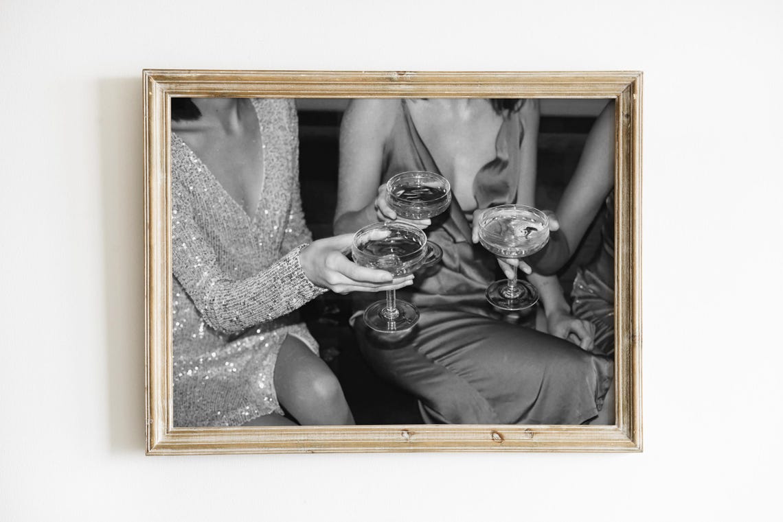 Women Toasting Champagne Cocktail Glasses Black and White Photo Poster - Image 3