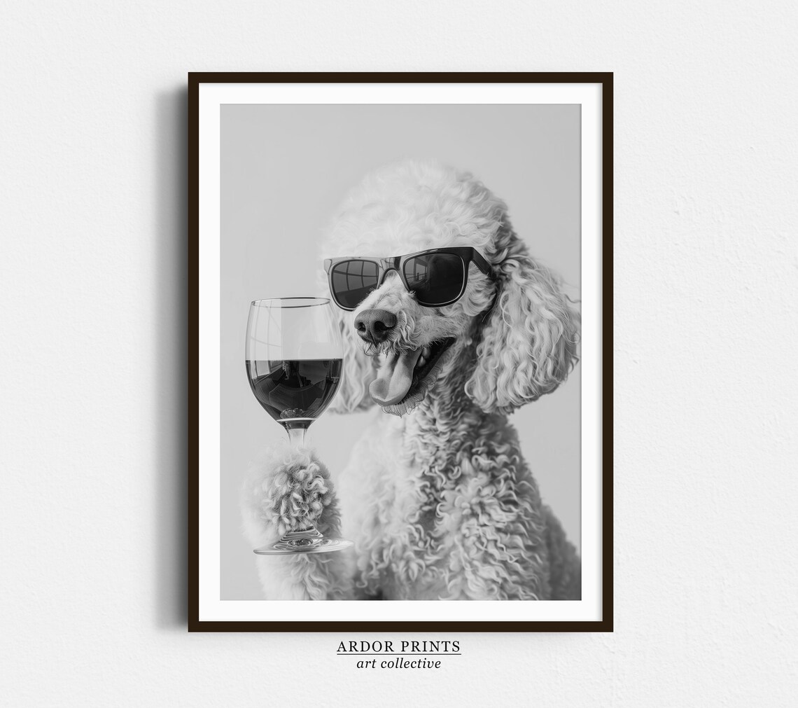 Poodle Holding Red Wine, Black and White Art Print