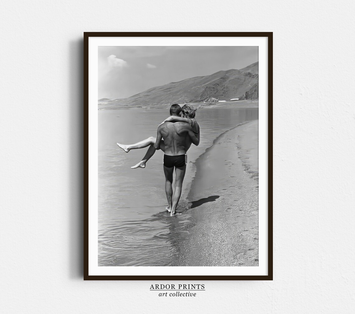 Romantic Vintage Couple Man Carrying Woman On Lakeside Beach Poster