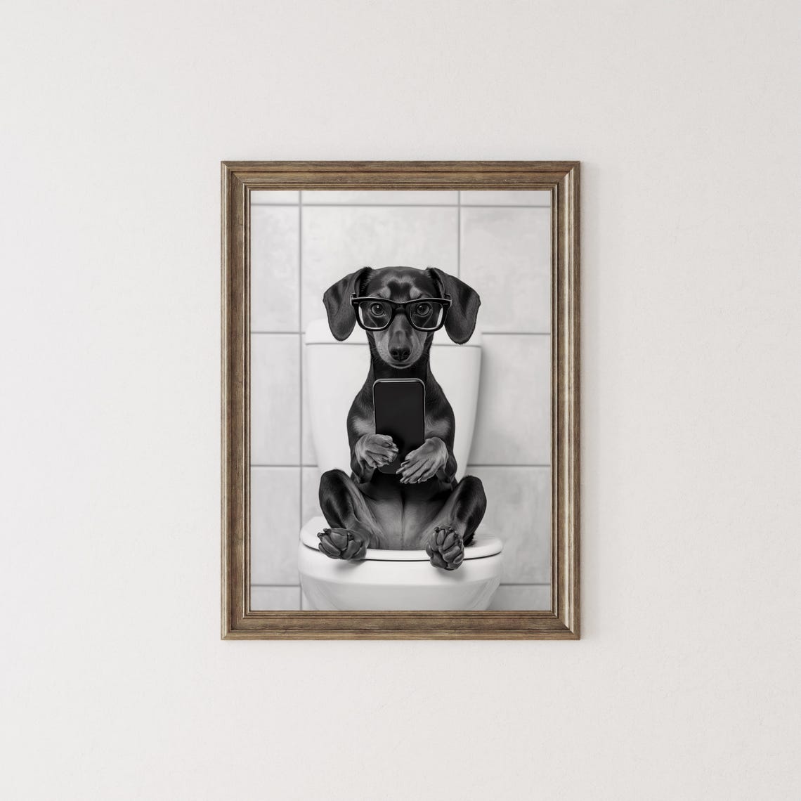 Dachshund On Toilet Texting On Phone Wearing Glasses Funny Poster - Image 2