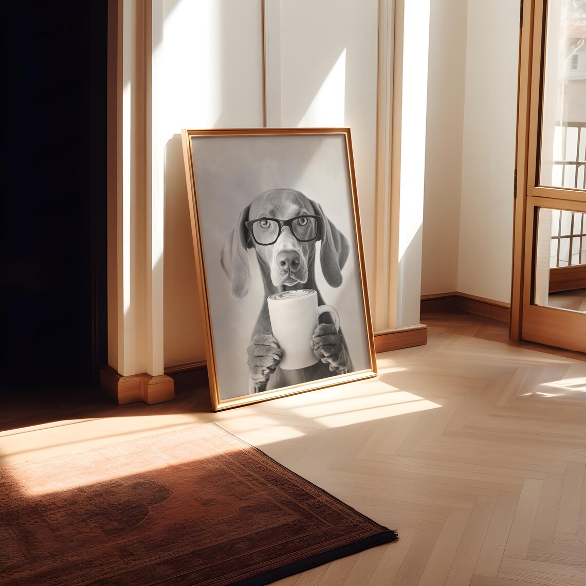 Weimaraner Holding Coffee, Black And White Art Print - Image 2
