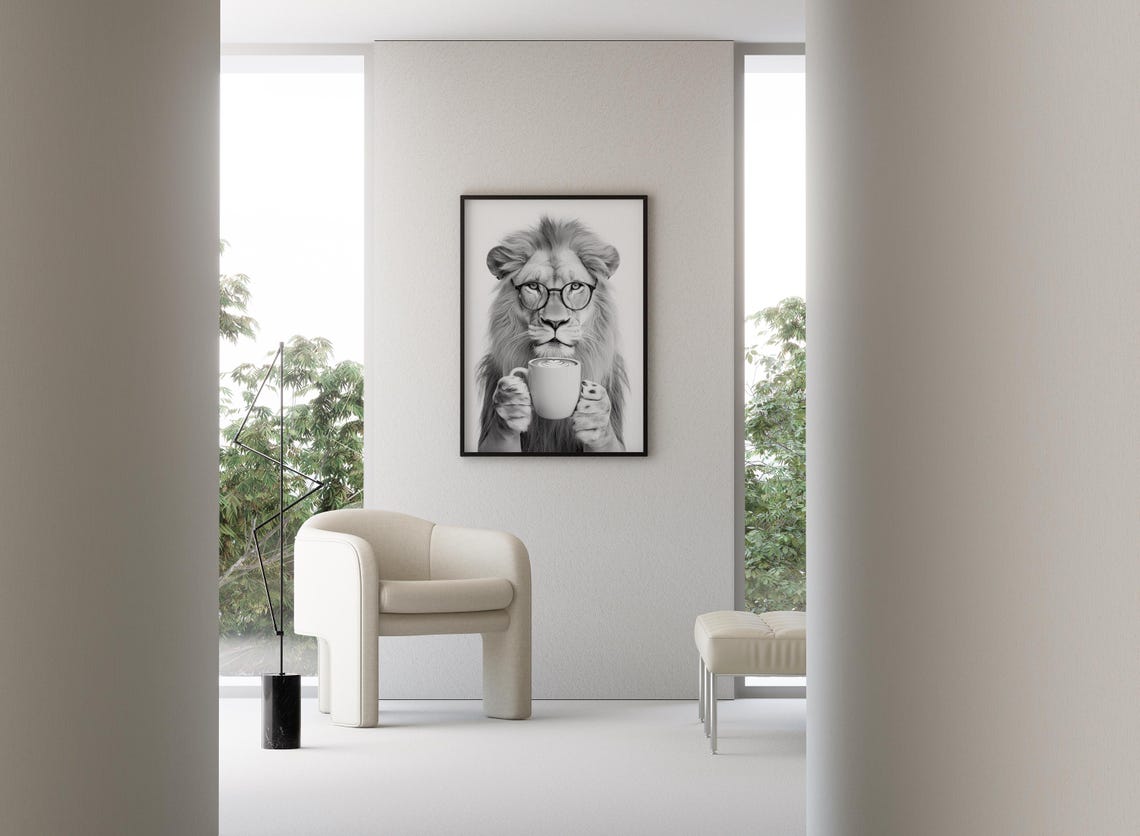 Lion Wearing Glasses Holding Coffee Cup Black And White Animal Poster - Image 3