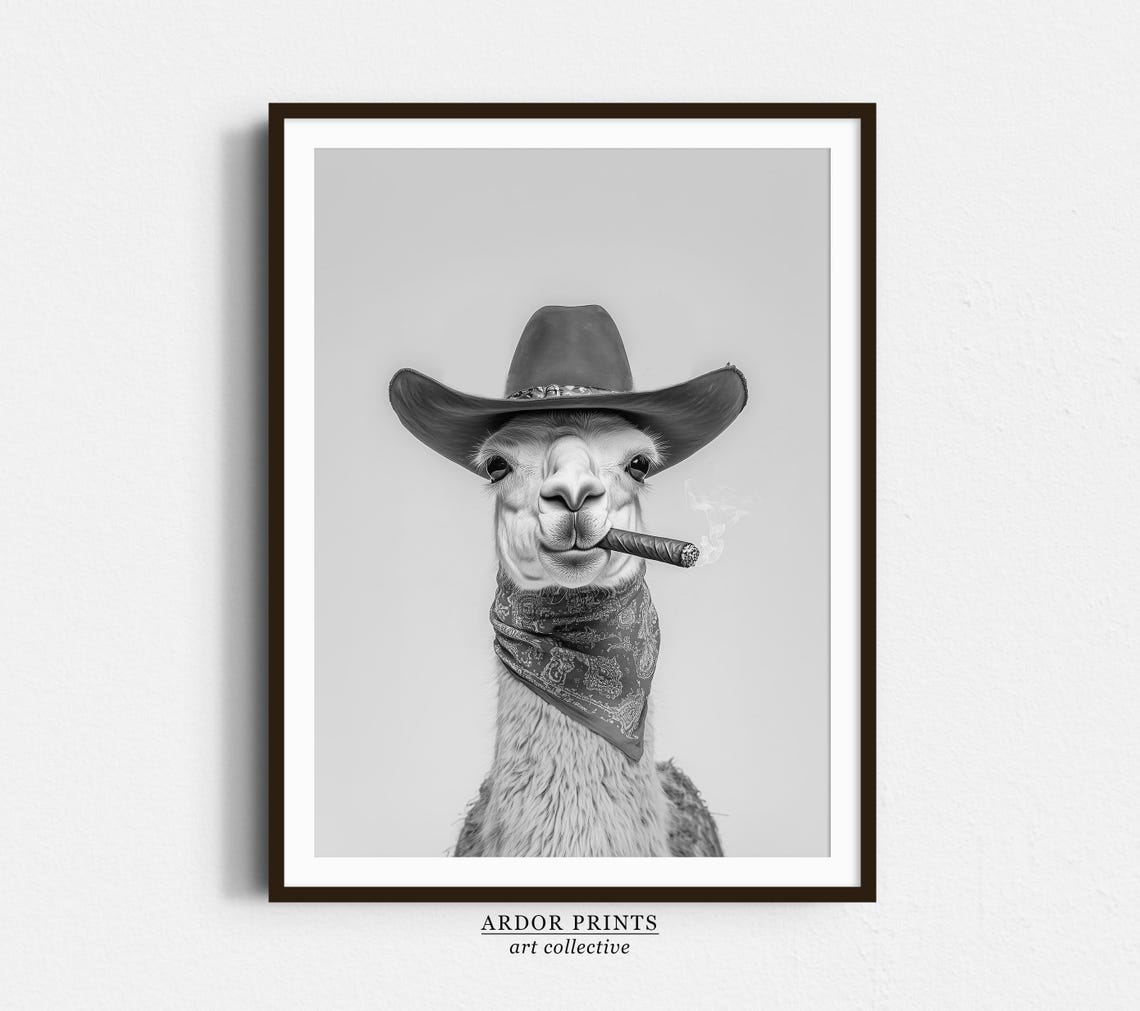 Llama Wearing Cowboy Hat and Bandana Smoking Cigar Black White Poster