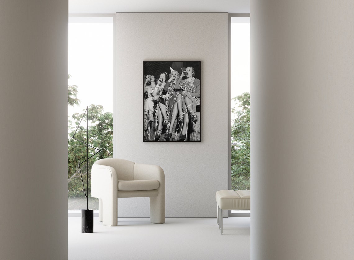 Four Friends Drinking Wine Vintage Party Black and White Poster - Image 3