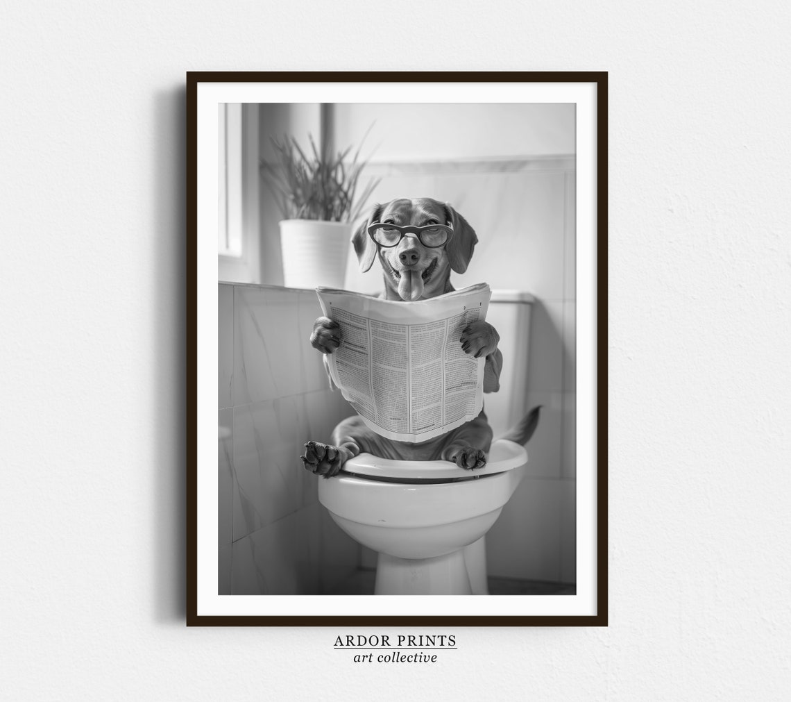 Dachshund Wearing Glasses Reading Newspaper on Toilet Funny Dog Poster
