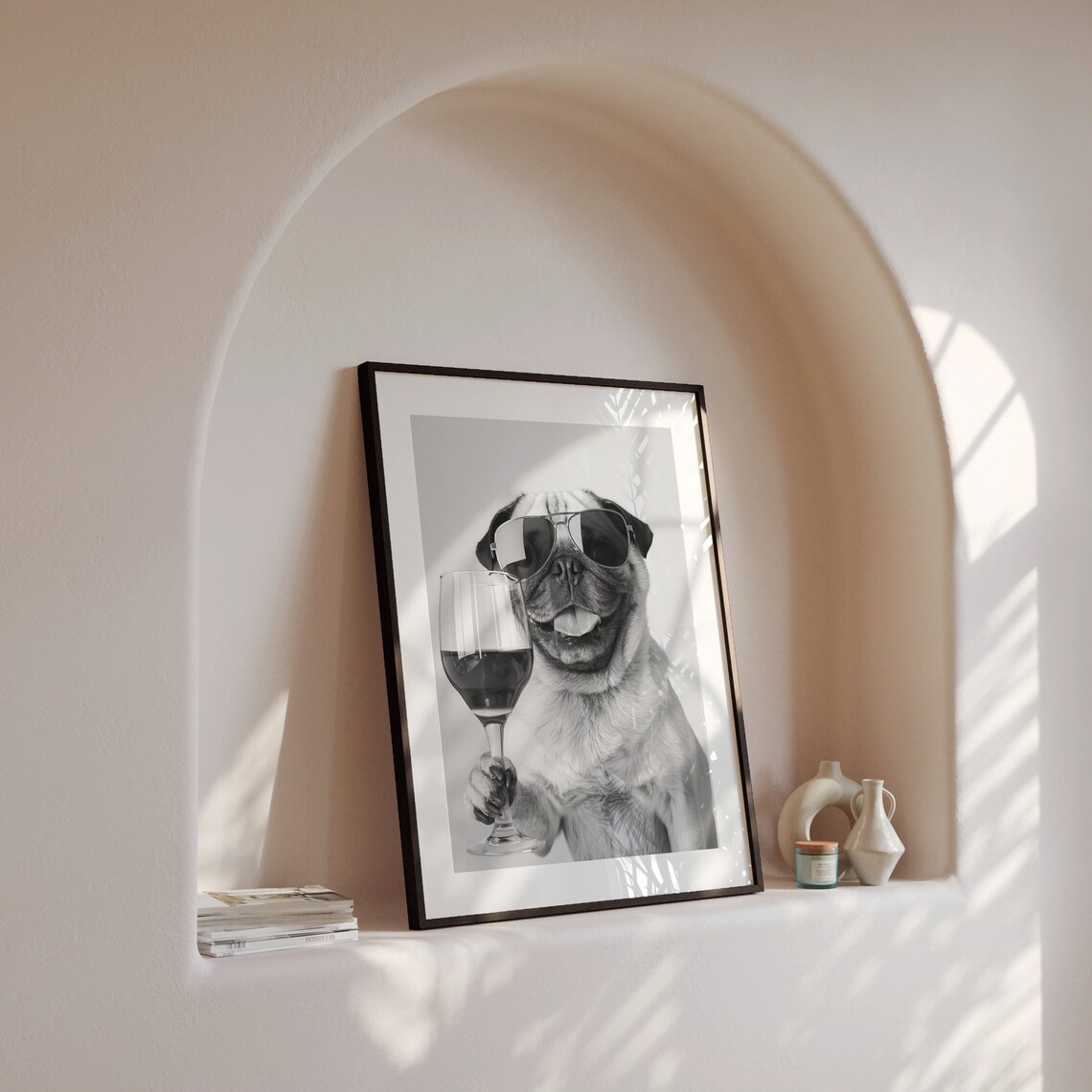 Pug Holding Wine Black and White Art Print - Image 4