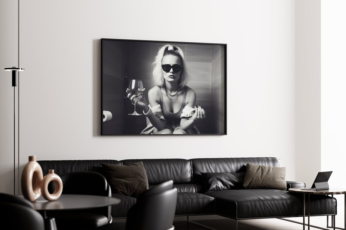Blonde Woman Drinking Wine On Toilet Funny Bathroom Photo Poster - Image 2