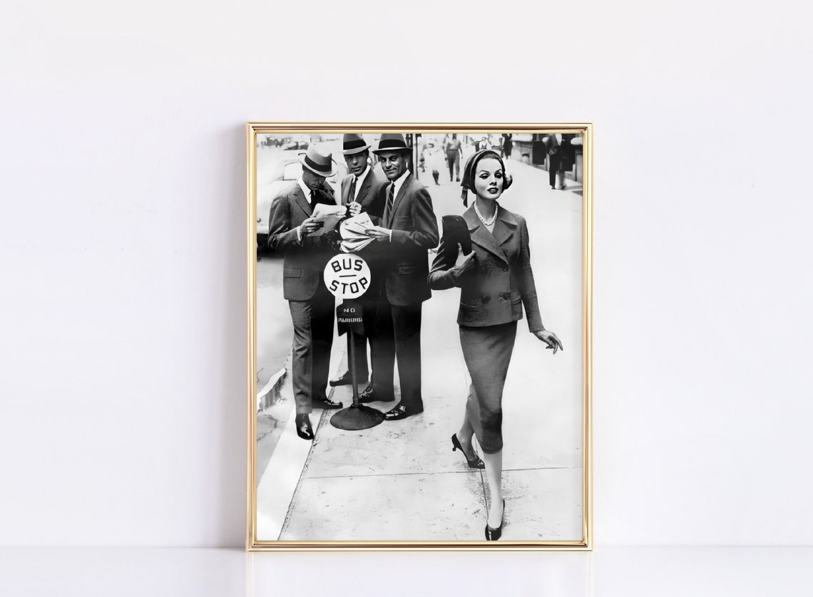 Stylish Woman Walking Past Vintage Bus Stop Black and White Poster - Image 4