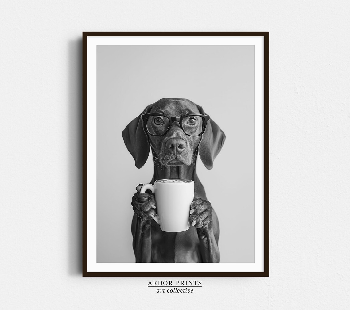 Vizsla Drinking Coffee Black And White Art Print