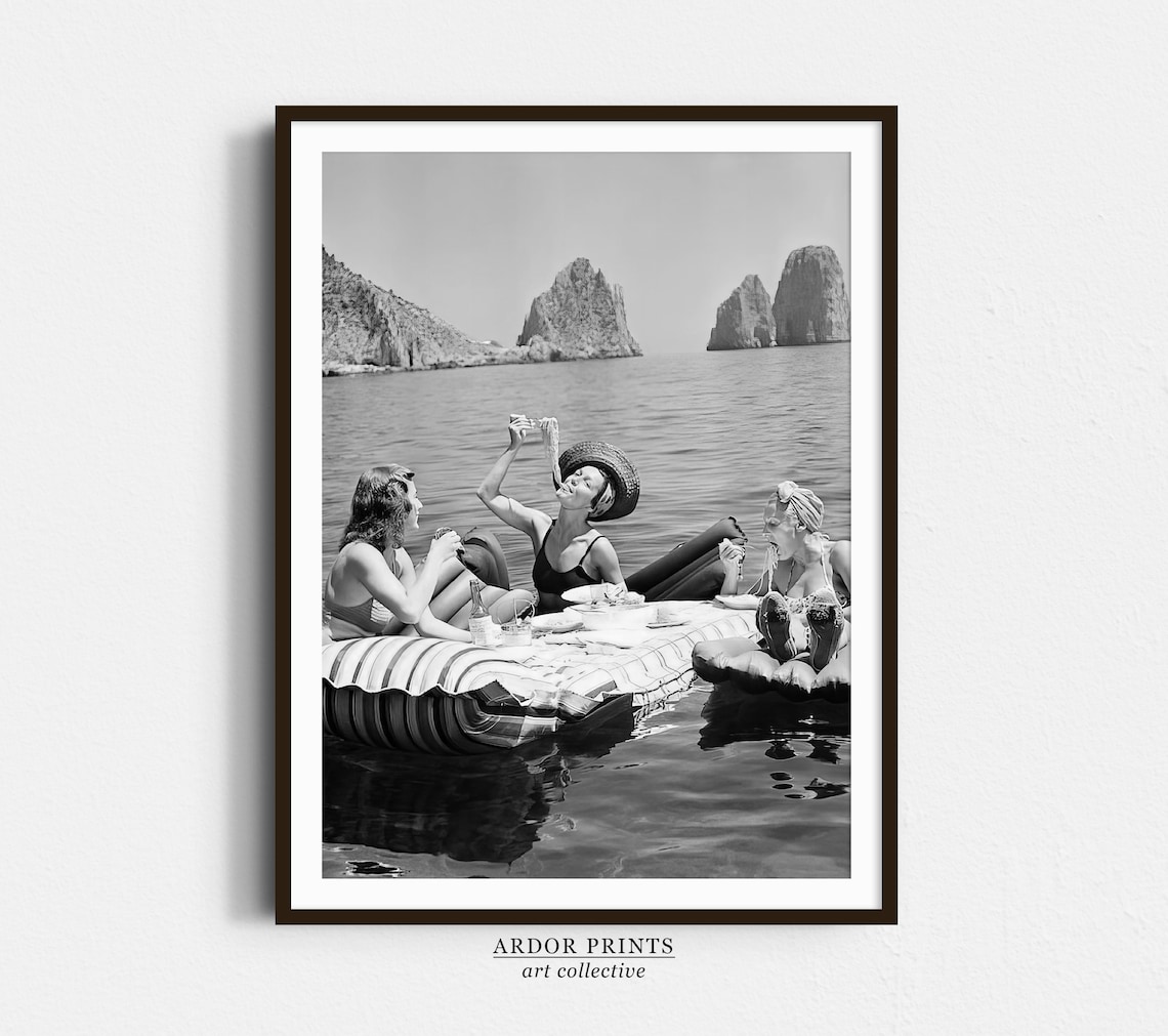 Women Eating Spaghetti on Water, Vintage Art Print