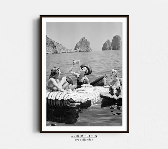 Women Eating Spaghetti on Water, Vintage Art Print