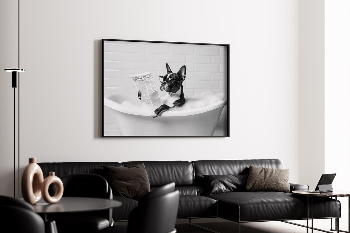 Boston Terrier In Bathtub, Funny Bathroom Art Print - Image 4