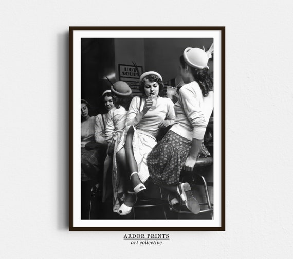 Young Women In A Milk Bar Wall Art 1950s England Vintage Fashion Black And White Print Old Photography Retro Teen Wall Decor