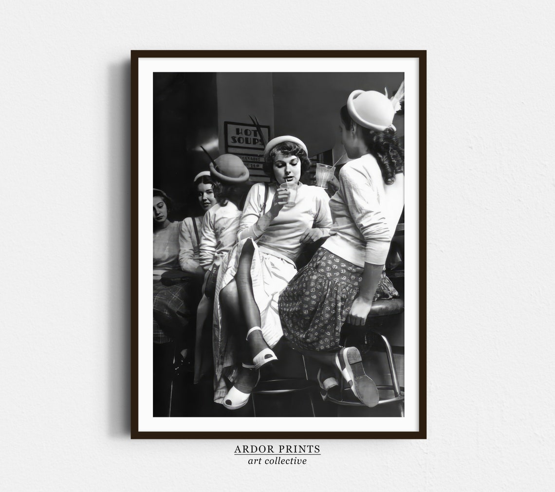 Young Women In A Milk Bar Wall Art 1950s England Vintage Fashion Black And White Print Old Photography Retro Teen Wall Decor