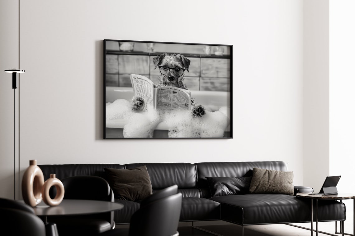 Border Terrier Reading Newspaper In Bubble Bath Funny Dog Print - Image 4