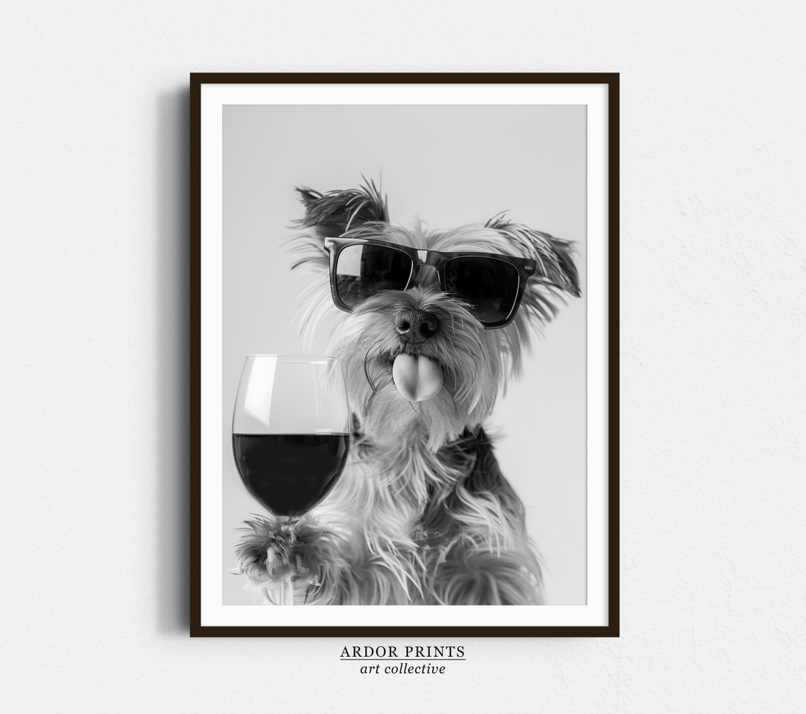 Yorkshire Terrier Drinking Wine Sunglasses Funny Dog Wall Art