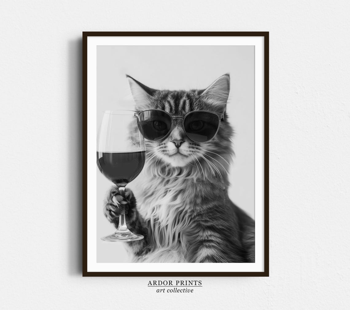 Long Haired Tabby Cat Wine Toast Funny Cat With Sunglasses Poster