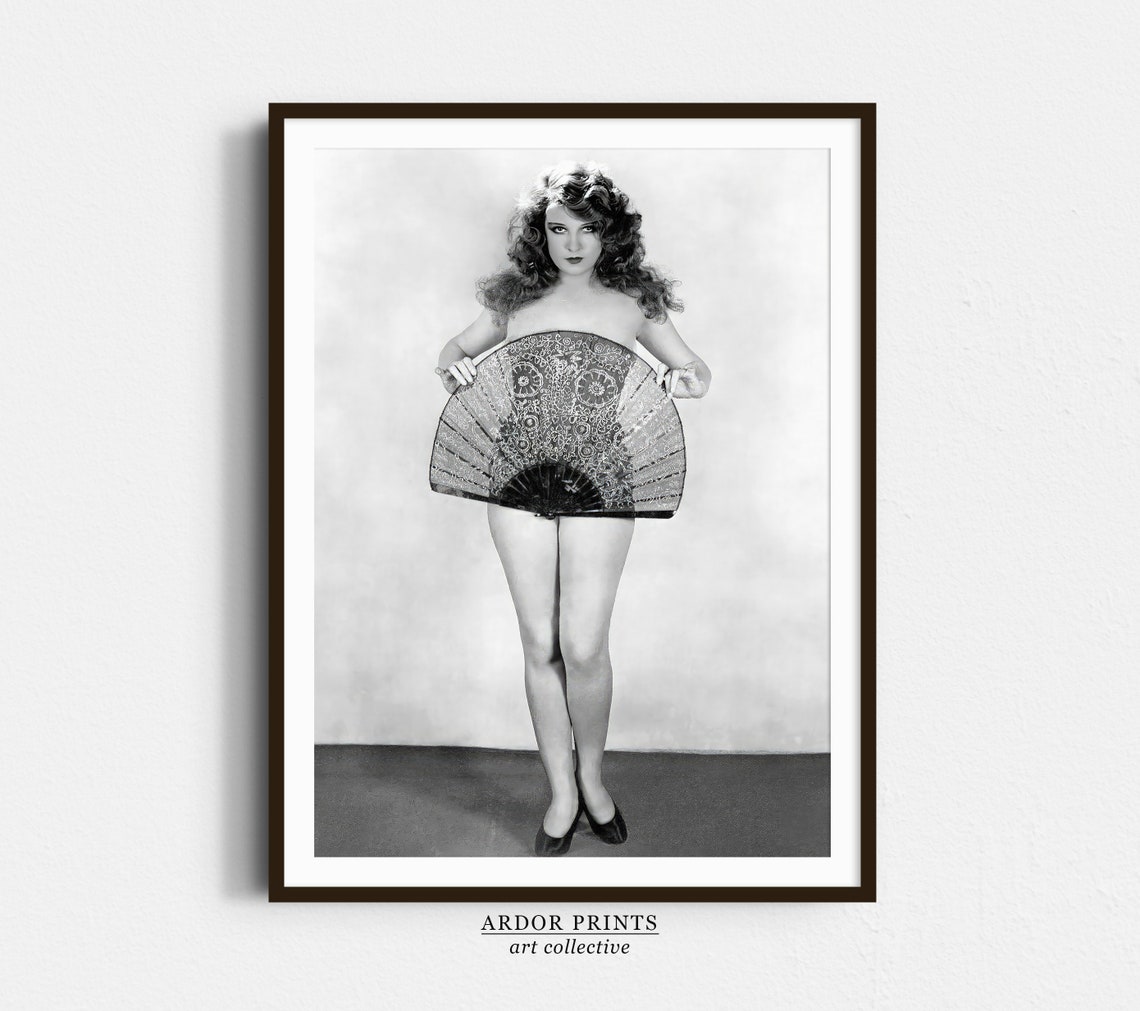 Flapper Girl Holding Large Ornate Fan Vintage Black and White Poster