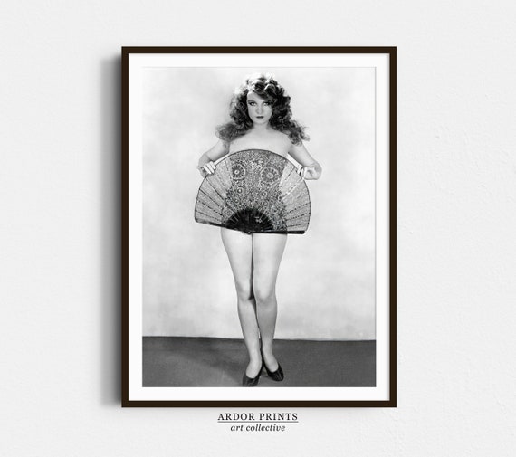 Flapper Girl Holding Large Ornate Fan Vintage Black and White Poster