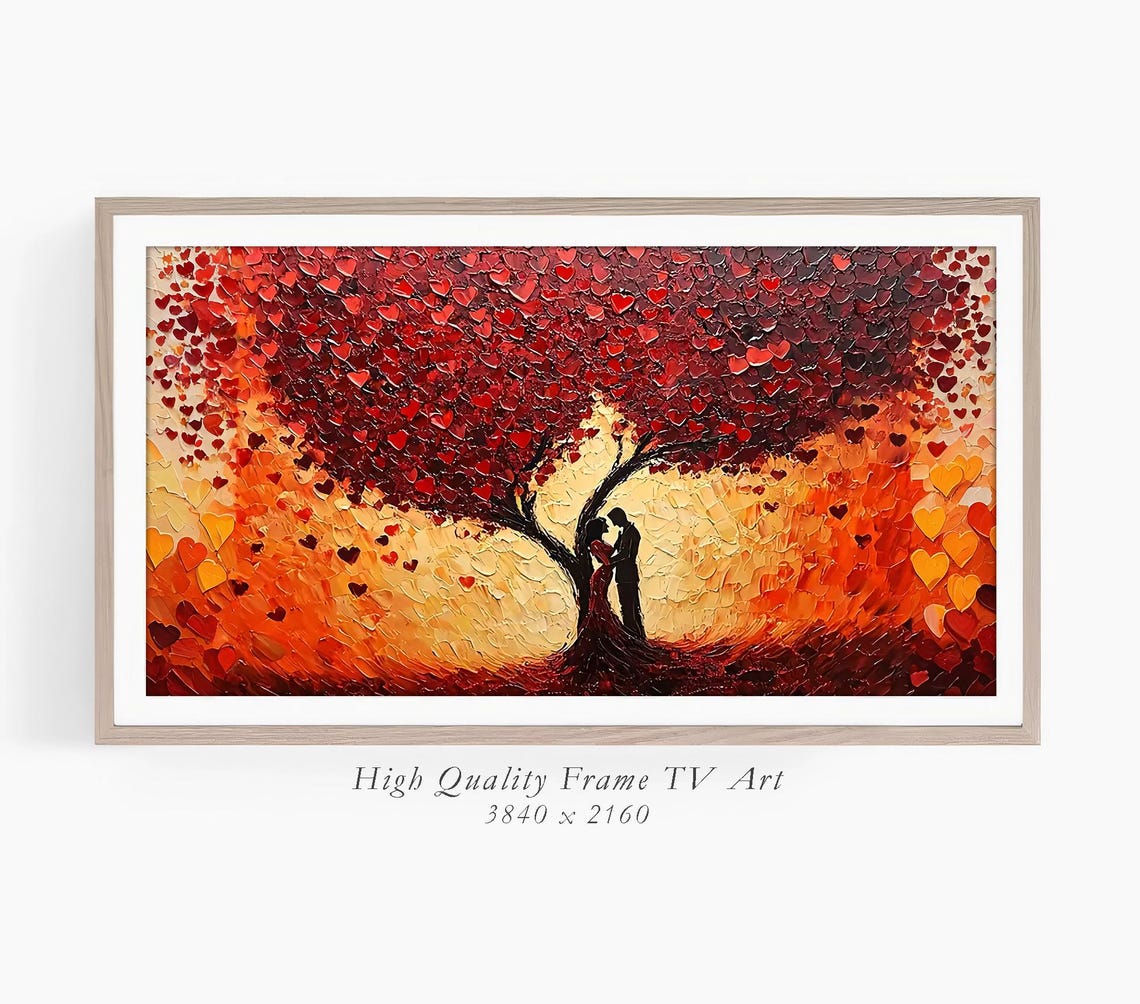 Kissing Couple Under Heart Tree Sunset Impasto Romantic Love Poster - Image 3
