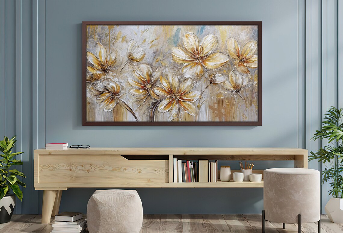 Golden Flowers Abstract Gold Gray Textured Oil Painting Art Print - Image 4