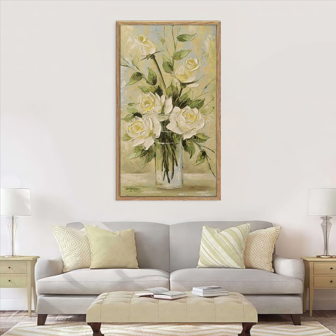 White Roses in Glass Vase Vertical Vintage Oil Painting Floral Poster - Image 3