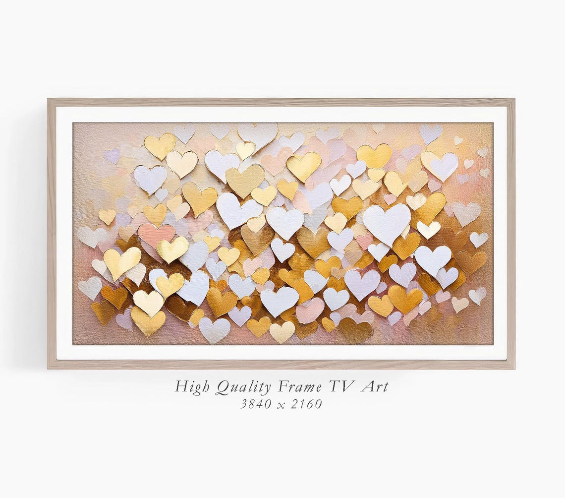 Gold White Heart Confetti Abstract Love Painting Romantic Wall Art - Image 3