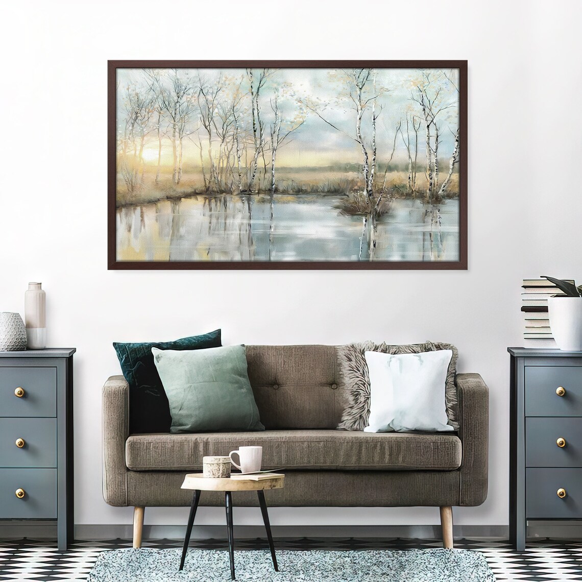 Frame Tv Art Stunning Sunrise By The Lake Birch Trees Light Haze Landscape Painting Morning Mood - Image 2