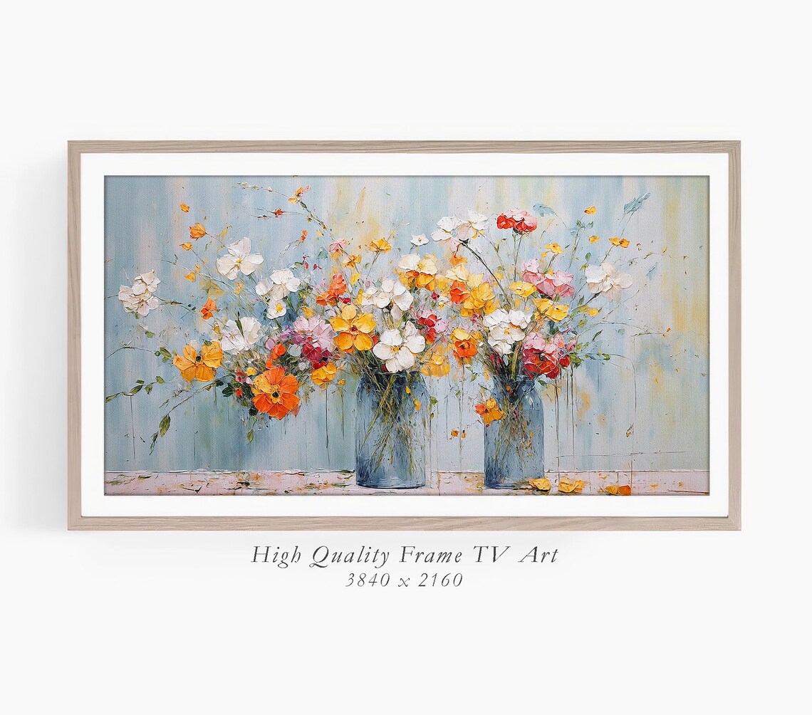 Blue Vases Colorful Wildflowers Bouquet Soft Blue Background Art Print - Image 3