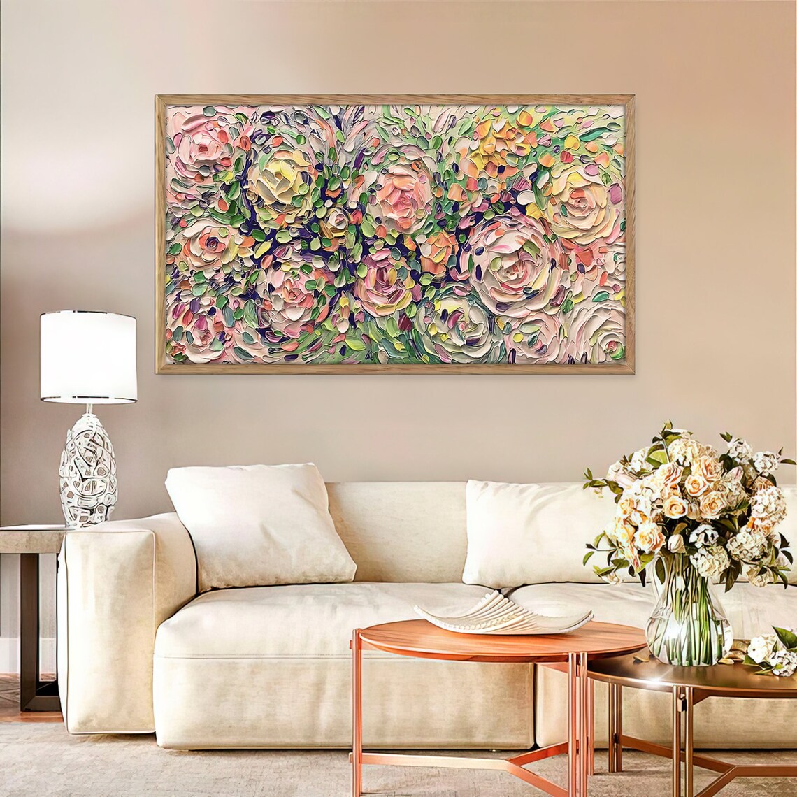Vibrant Impasto Pink Roses Thick Texture Floral Garden Art Poster - Image 2