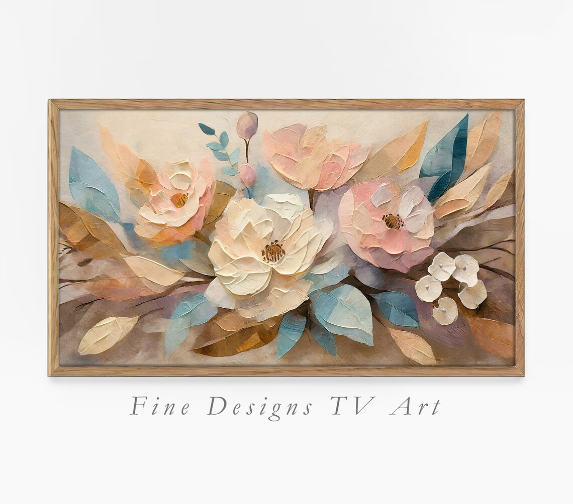 Blush Pink Roses Teal Leaves Impasto Earth Tone Floral Art Print