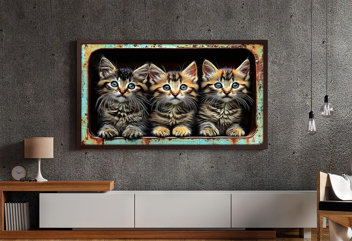 Adorable Tabby Kittens Peek Trio Rustic Vintage Cat Art Poster - Image 4