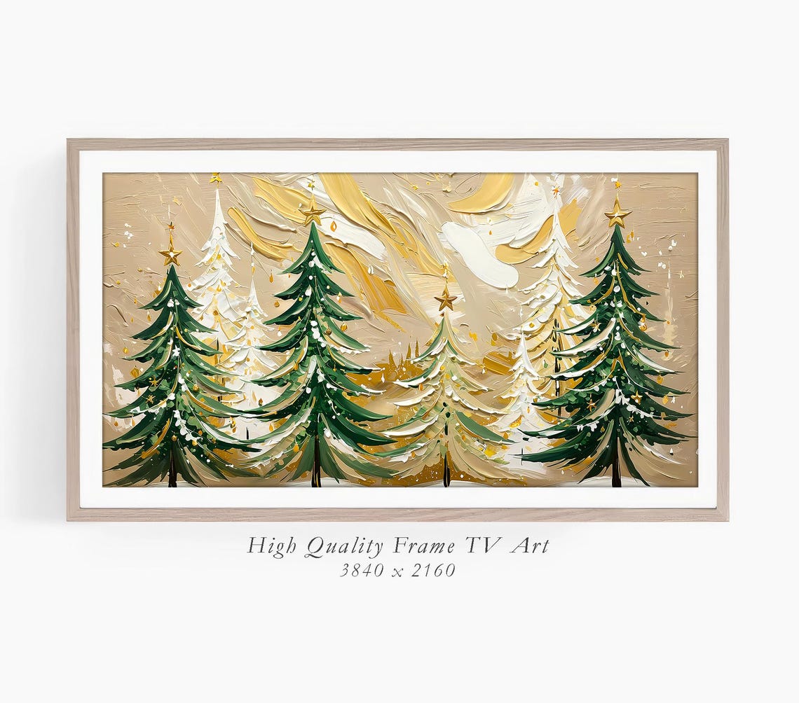 Festive Christmas Trees Gold Stars Green White Holiday Art Poster - Image 3