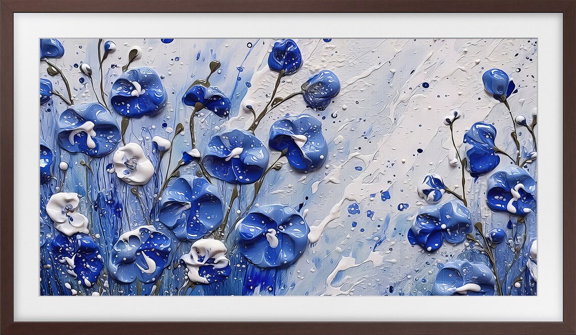 Blue White Impasto Flowers Textured Rainy Background Floral Art Print - Image 3