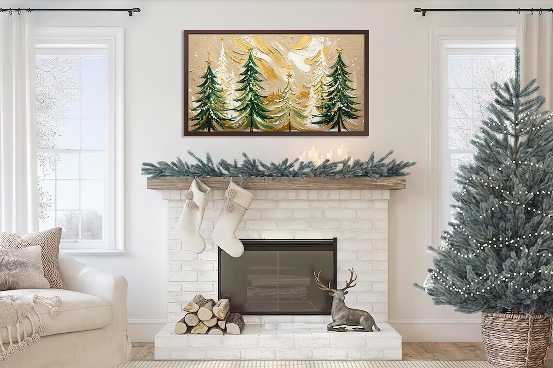 Festive Christmas Trees Gold Stars Green White Holiday Art Poster - Image 2