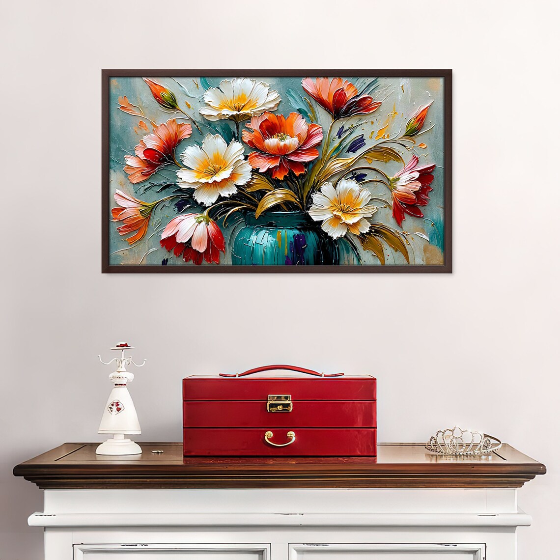 Orange White Poppy Bouquet Teal Vase Textured Oil Still Life Print - Image 4